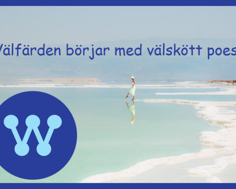 Välfärden börjar med välskött poesi! Strandbild. Uppochnervänd M-logotyp.Text: iodine Jupiter. (Montage: C Altgård / Opulens. Bakgrundsbild: Pixabay.com)